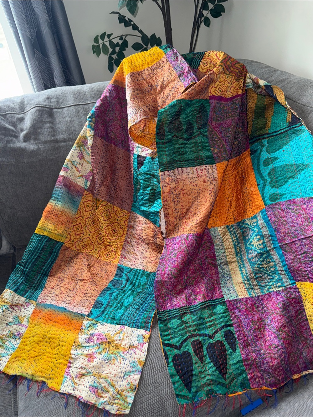 Colorful Patchwork Kantha silk scarf